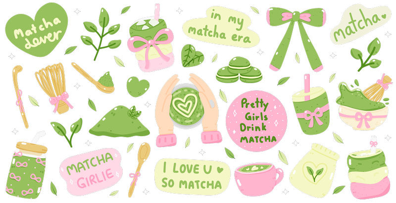 Matcha Aesthetic Pattern UV DTF Cup Wrap for 16oz Libbey Glass KA-12843