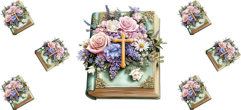 Floral Cross Bible UV DTF Transfer for 16oz Glass Can KA-12981