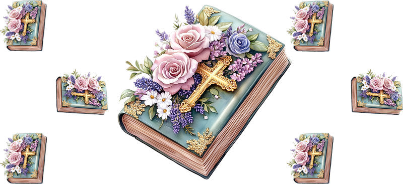 Cross Floral Bible UV DTF Transfer for 16oz Glass Can KA-12986