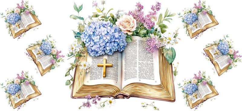 Hydrangea Bible Cross UV DTF Transfer for 16oz Glass Can KA-12991